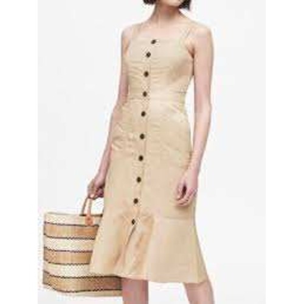 Banana Republic Linen Blend Button Front Midi Dress Women 2 Tan Mermaid Hem